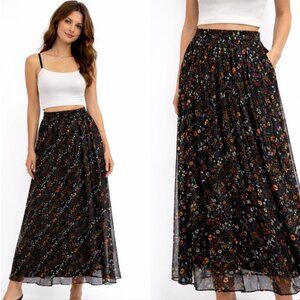 John Lewis Black Floral Pleated Maxi Skirt Double Layer Size Medium